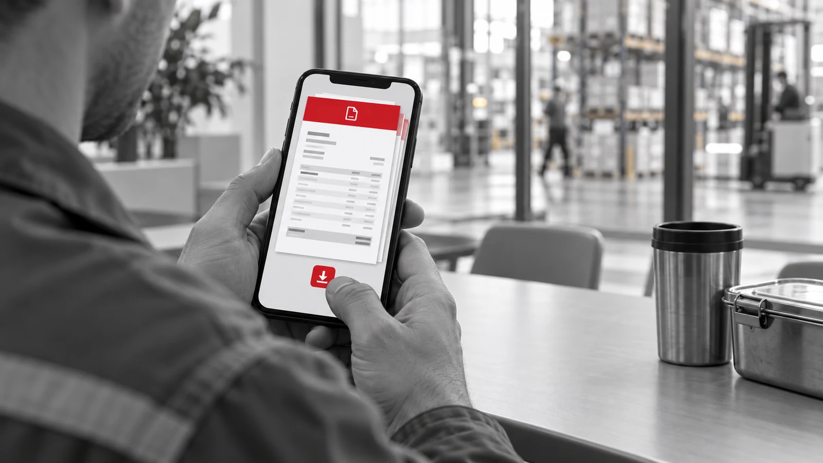 Mitarbeiter ruft seine digitale Gehaltsabrechnung auf dem Smartphone im Pausenbereich eines Logistikbetriebs ab.